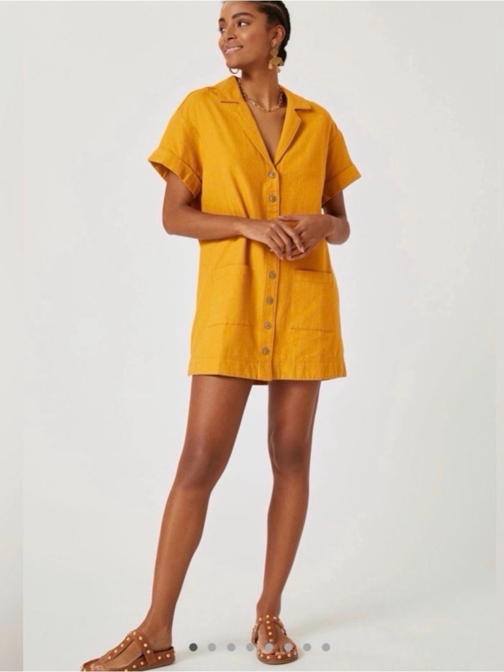 Anthropologie Pilcro Buttondown Shirtdress Gold Cotton Linen Mini Dress XS